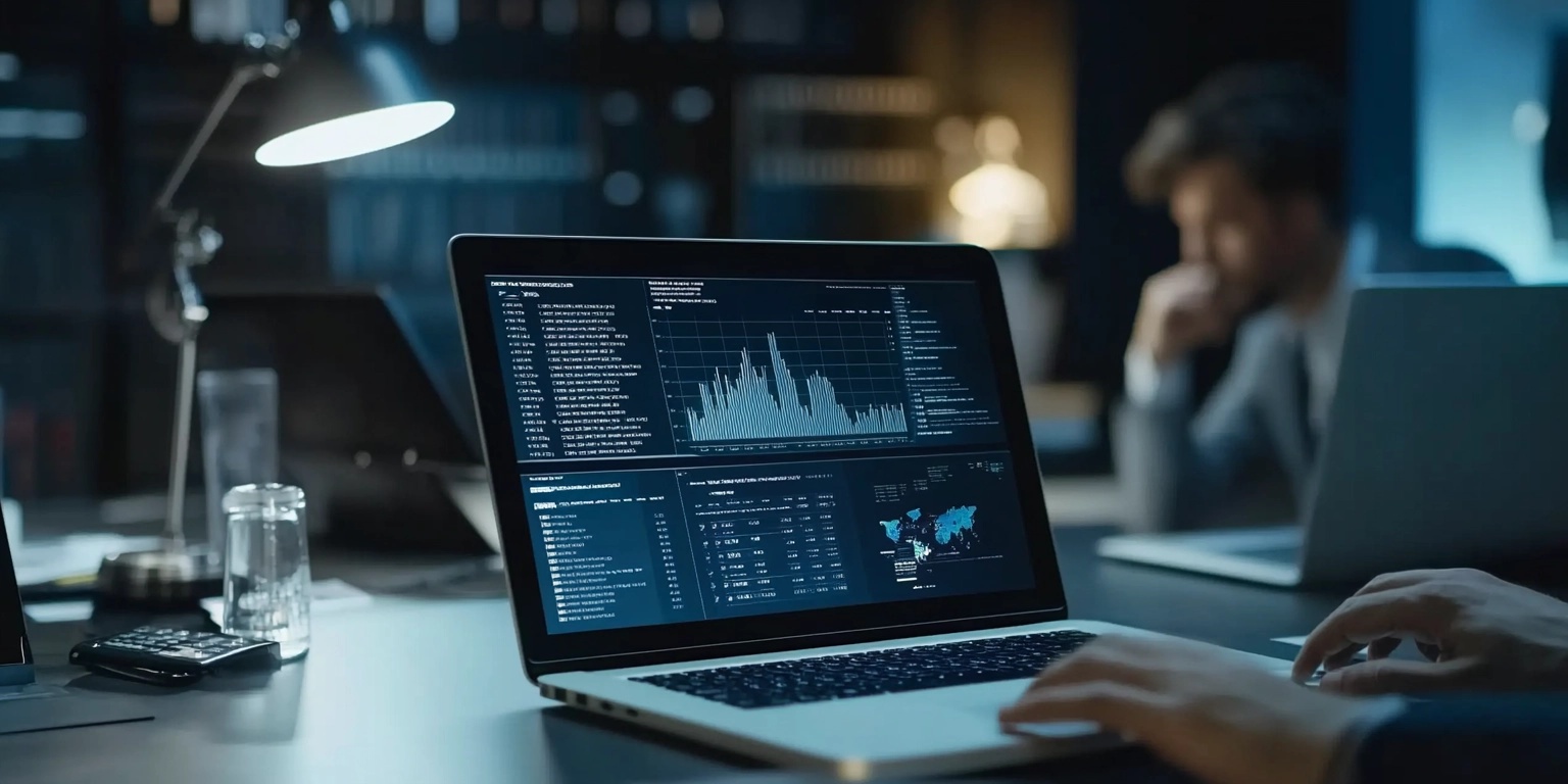 Business owner reviewing financial reports and valuation charts on a laptop, with investment bankers and financial advisors discussing strategy in a modern office setting.