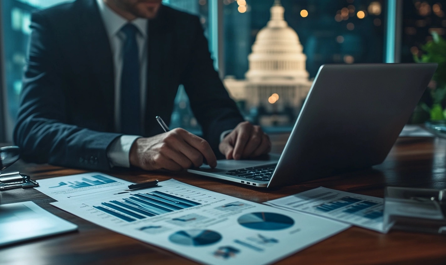 A financial advisor discussing tax planning strategies with a business owner in a modern office. A laptop screen displays tax reduction charts and financial growth projections.