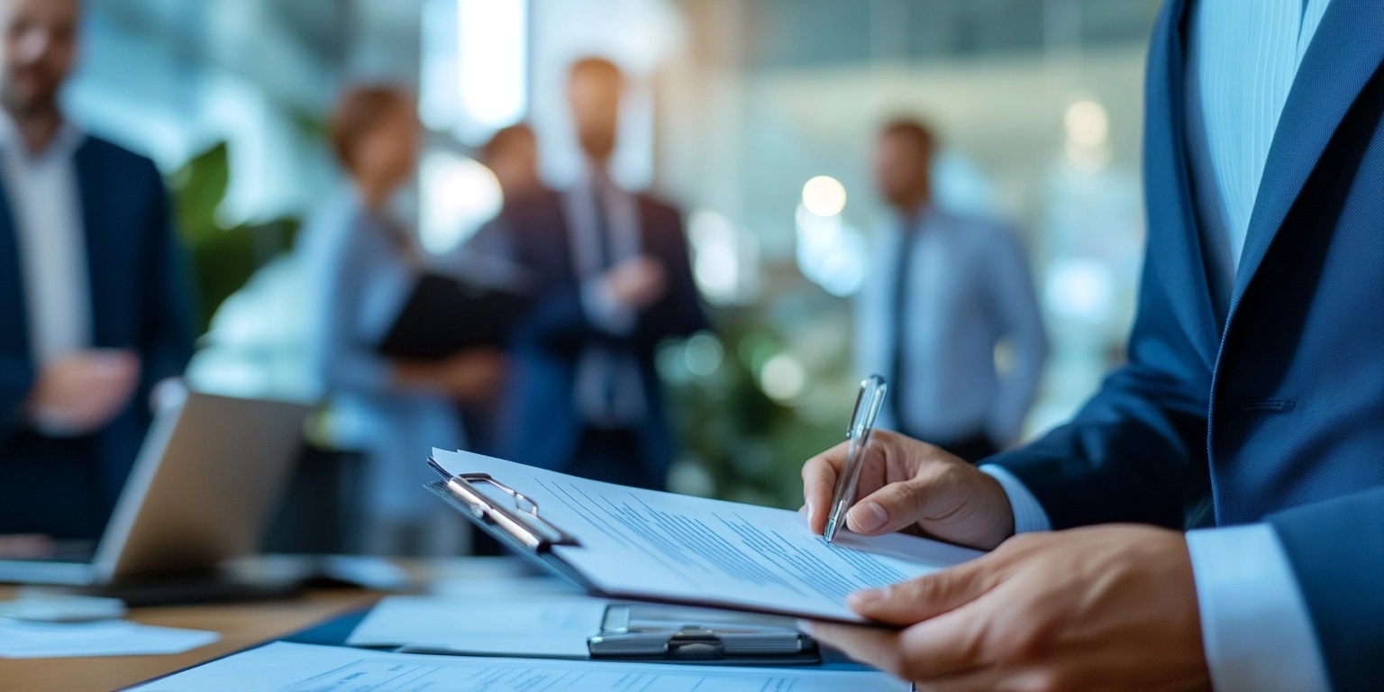 Business owner reviewing a sales agreement with an advisor, while different types of buyers discuss acquisition strategies in the background.