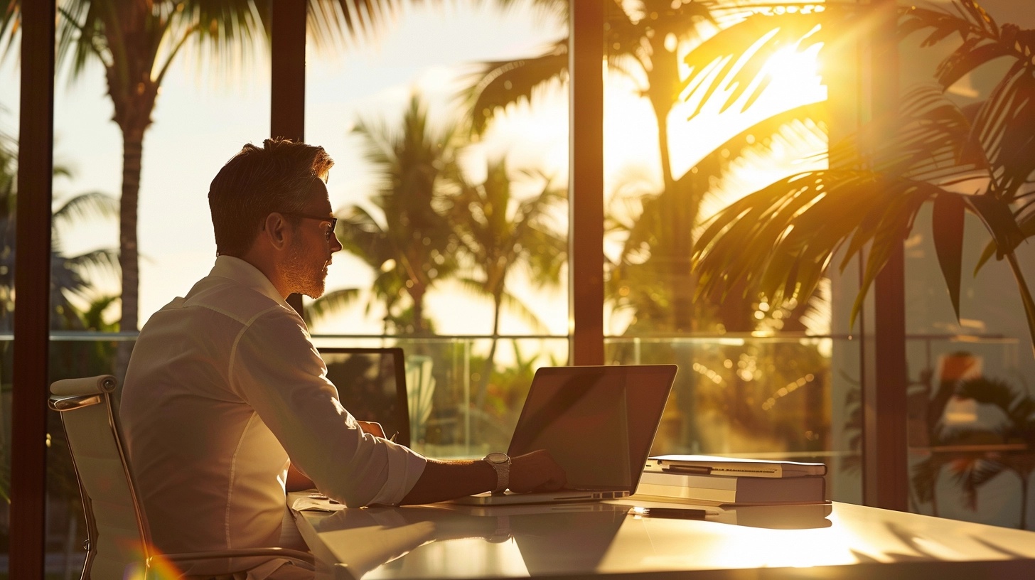Business owner in a Florida office looking out the window with palm trees in the background, reviewing tax documents