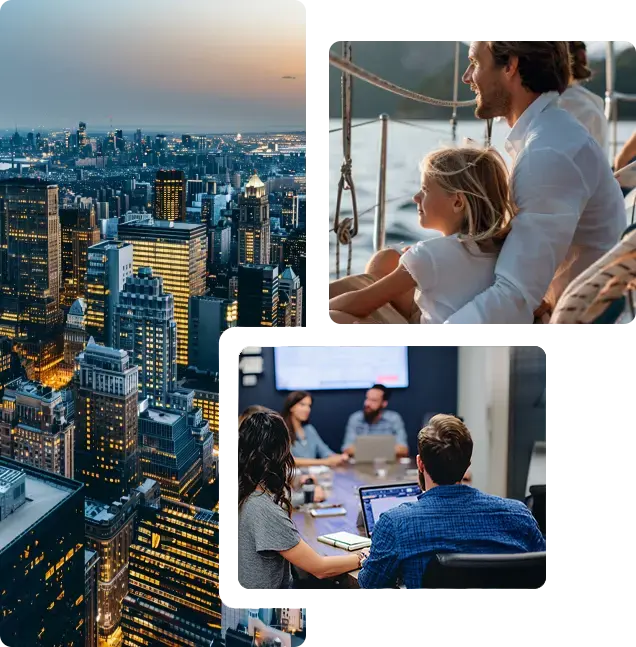 sfp_v2 (1) A collage of big city, a family on a boat, and the CPA team in the conference room.