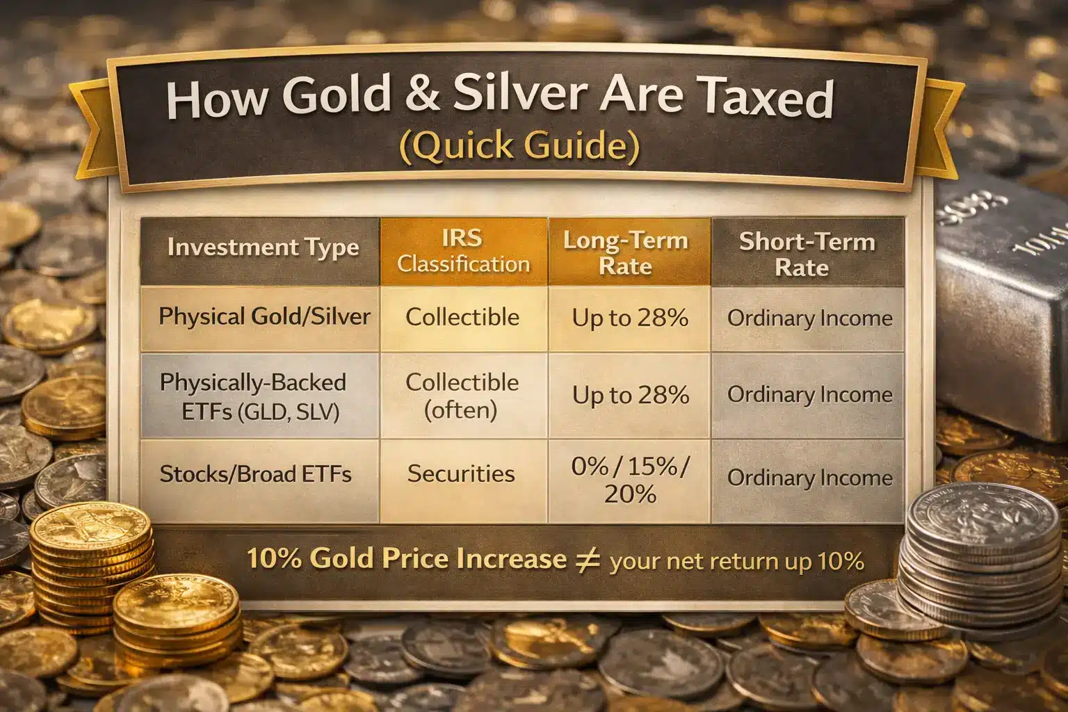 How gold and silver are taxed quick guide comparing physical metals, ETFs, and securities