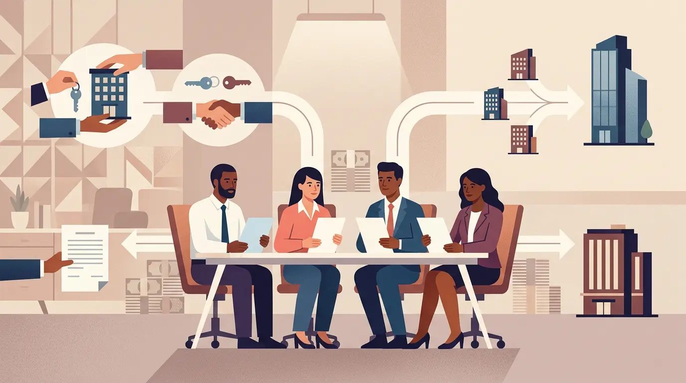 Illustration showing business leaders evaluating strategic paths in an active M&A market.