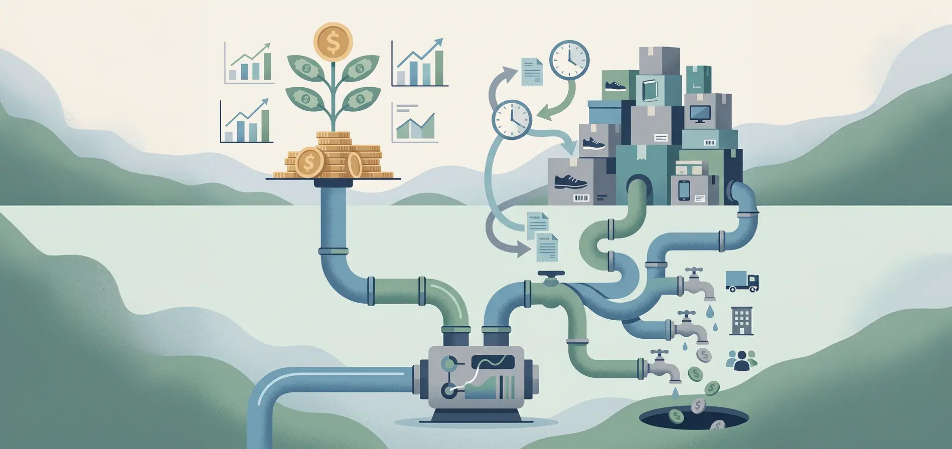 Illustration showing why profit and cash flow diverge through delays, inventory, and cash flow obstacles