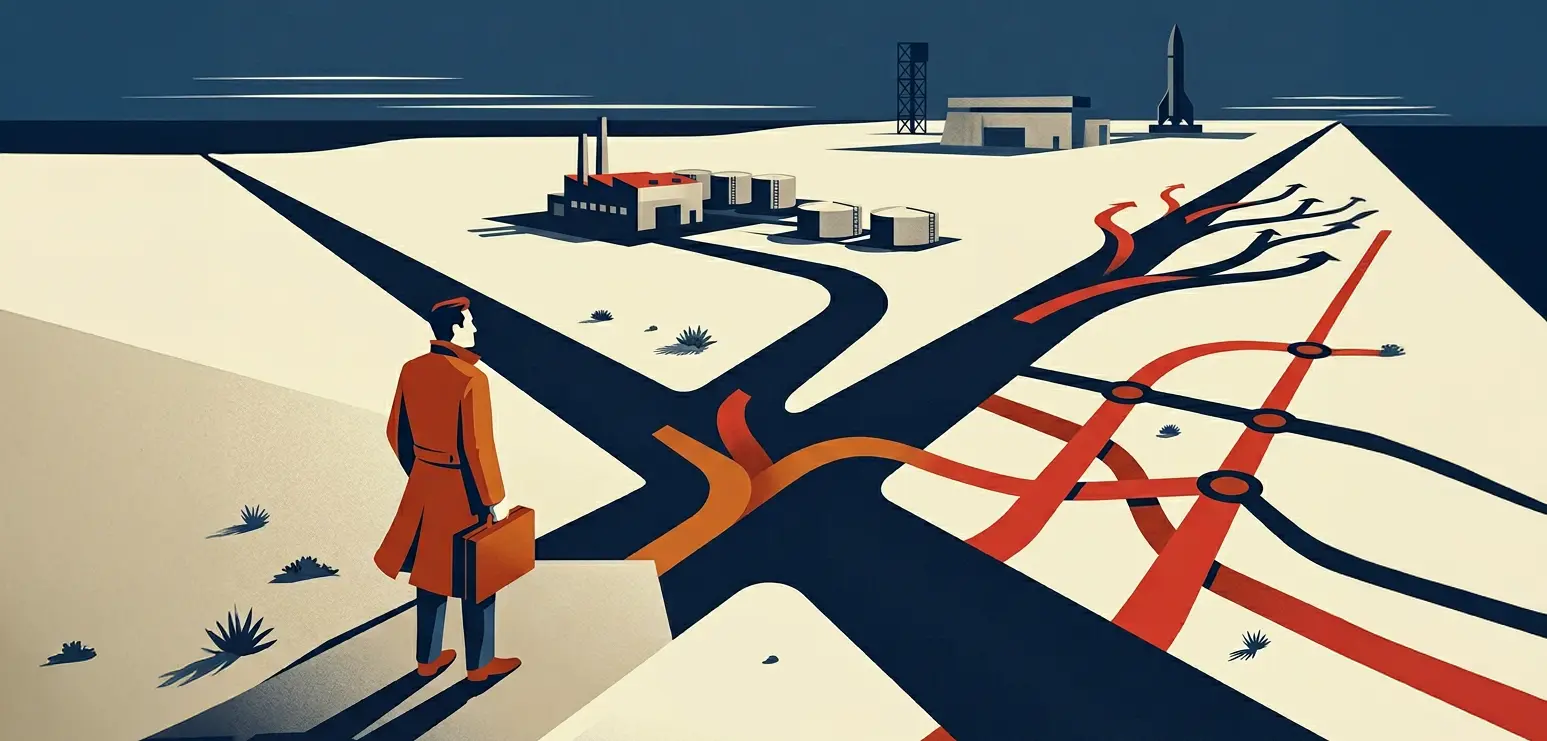 Business owner at a crossroads representing strategic decisions around independence, partnership, or selling