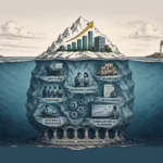 An iceberg with different business elements within it symbolizing what is beneath the surface