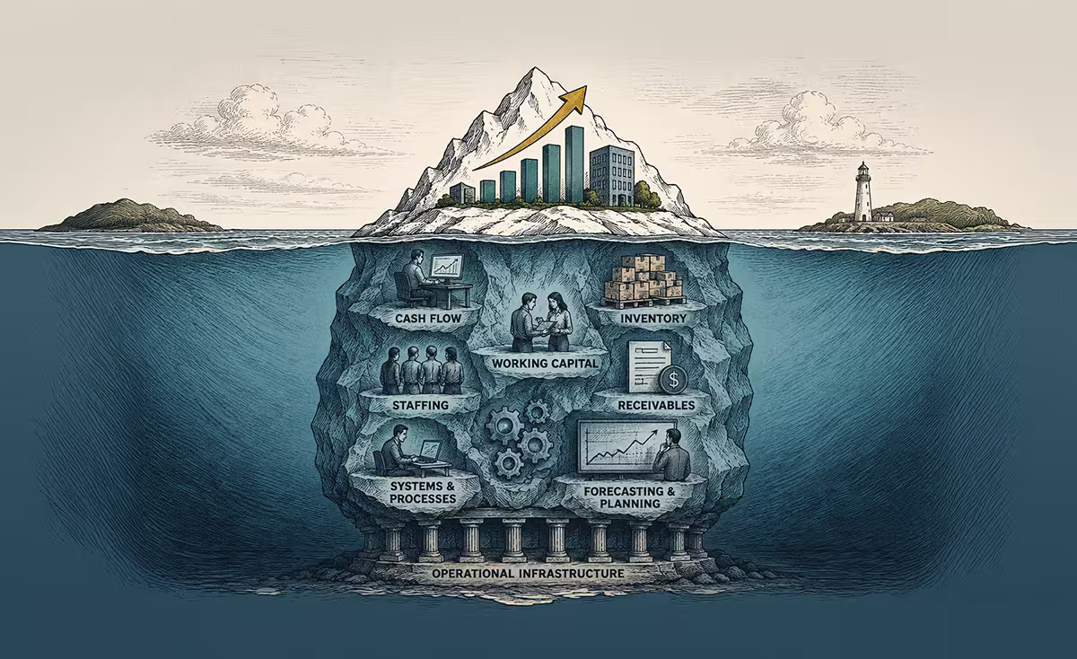 An iceberg with different business elements within it symbolizing what is beneath the surface