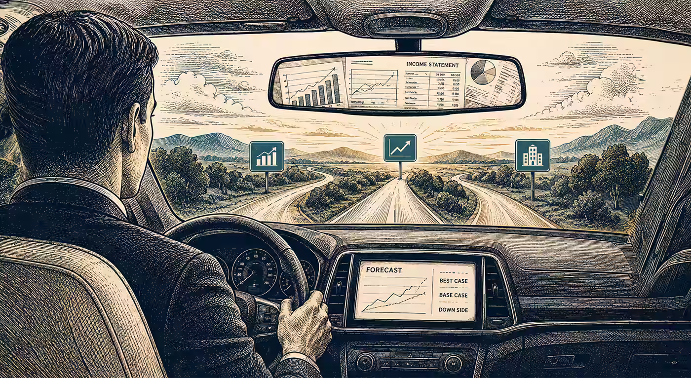 A drawing of an individual driving looking ahead with symbolize that ties back to the article.