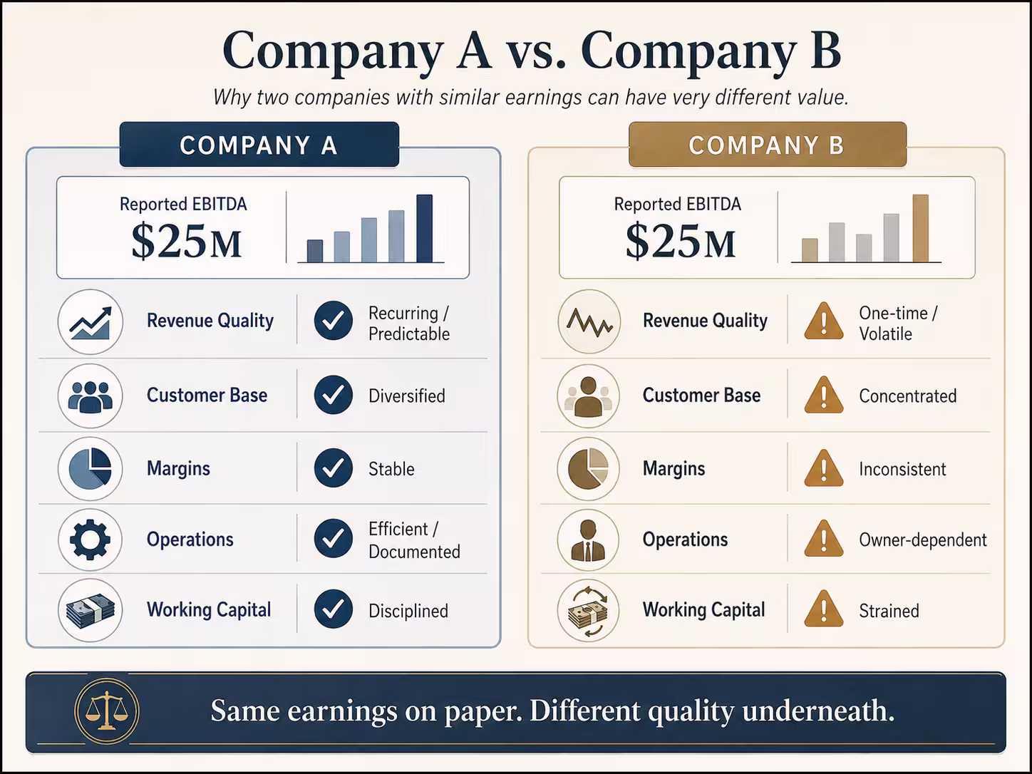 Company A vs. Company B comparison showing how businesses with similar earnings can have different quality of earnings