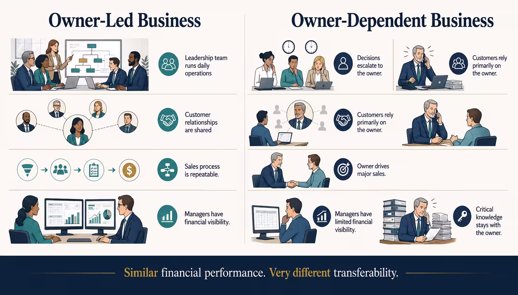 Owner-led business versus owner-dependent business comparison showing differences in leadership, customer relationships, sales processes, financial visibility, and transferability