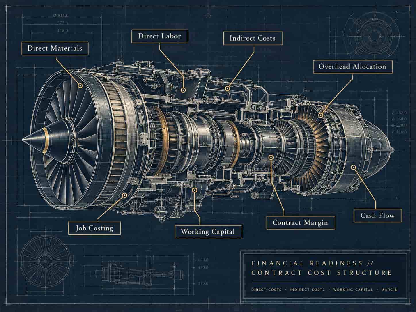 Blueprint-style financial readiness schematic illustrating direct labor, direct materials, indirect costs, overhead allocation, job costing, working capital, contract margin, and cash flow