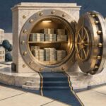 A large safe open with money in it.