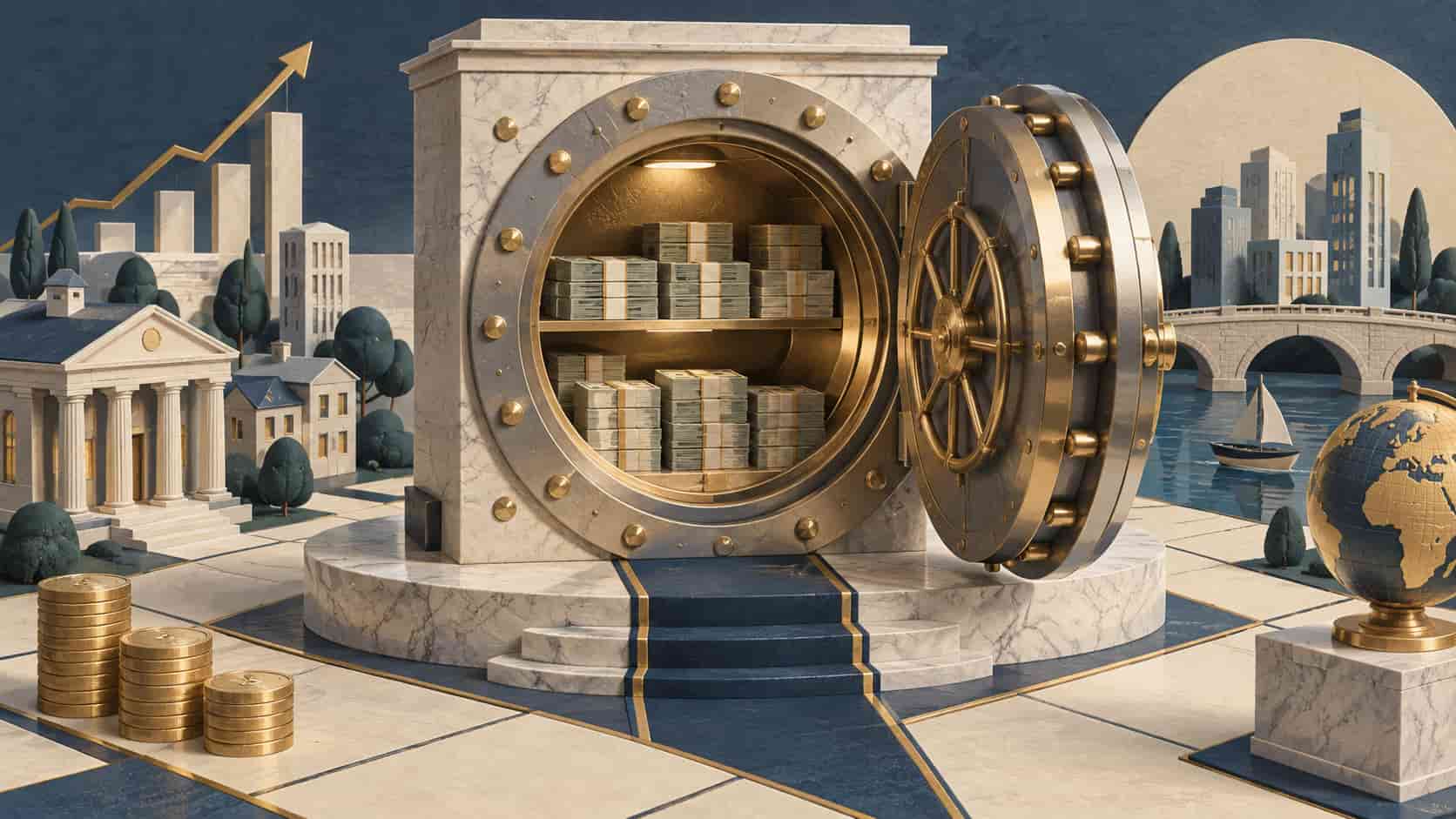 A large safe open with money in it.